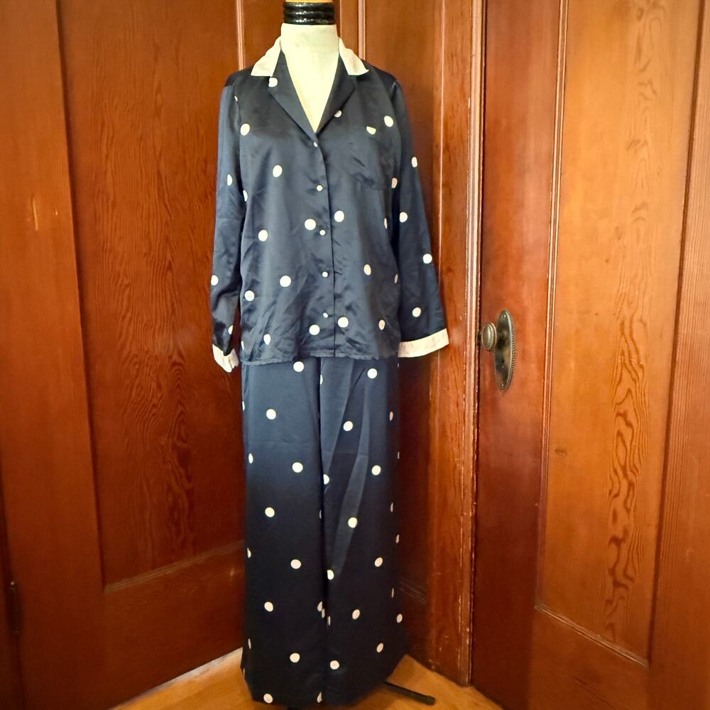 Kate Spade New York Polka Dot Satin Pajama Set Navy Blue White Large‎ L 2-Piece